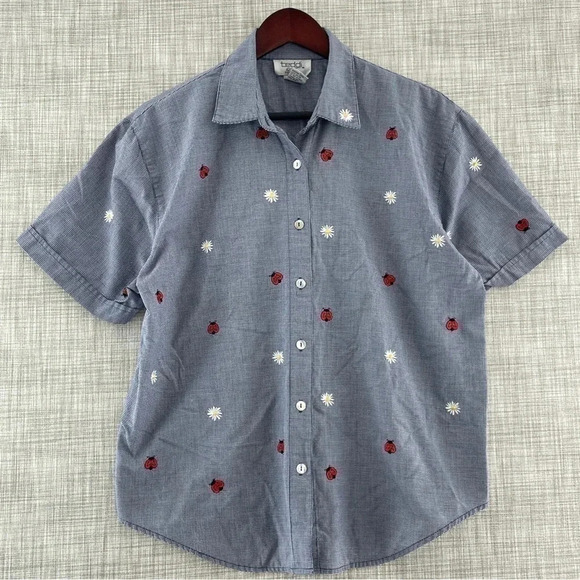 Vintage Teddi Lady bug embroidered Long Sleeve Button Down Shirt Women's PL 8300 - Picture 1 of 7